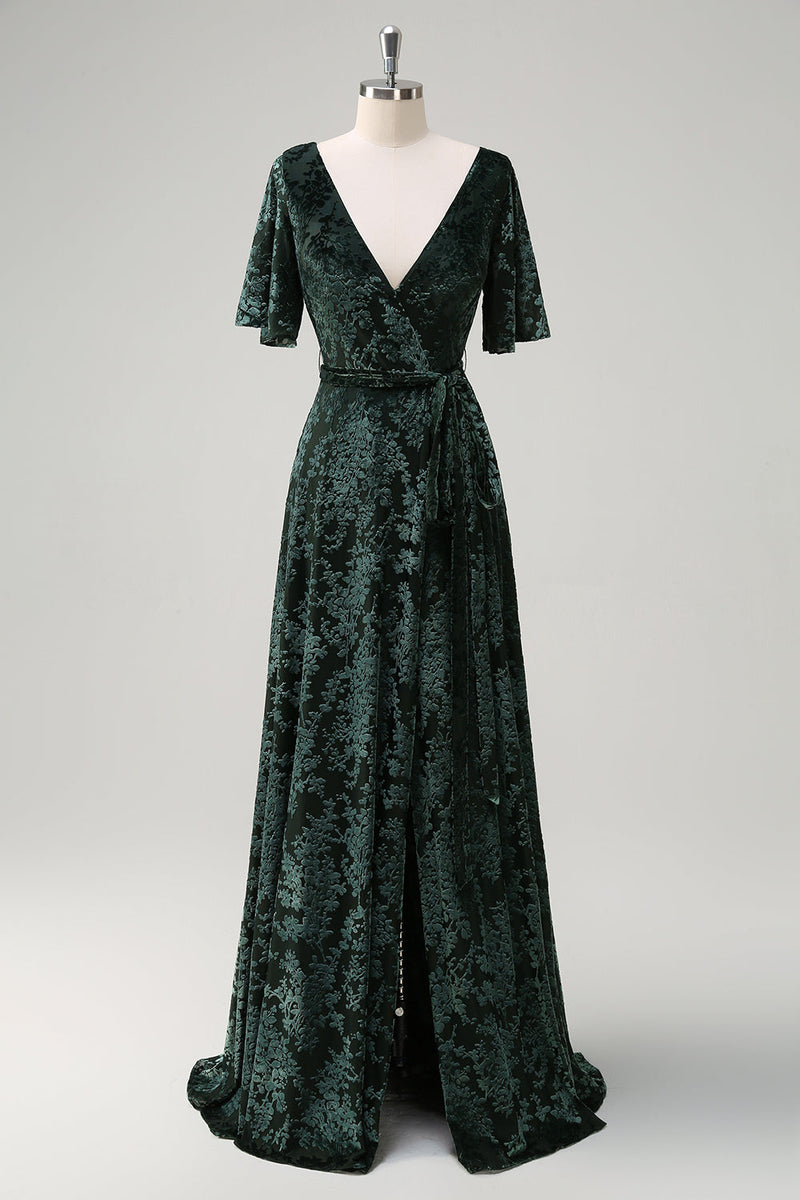 Load image into Gallery viewer, Dark Green A Line V-Neck Burnout Velvet Floral Long Bridesmaid Dress