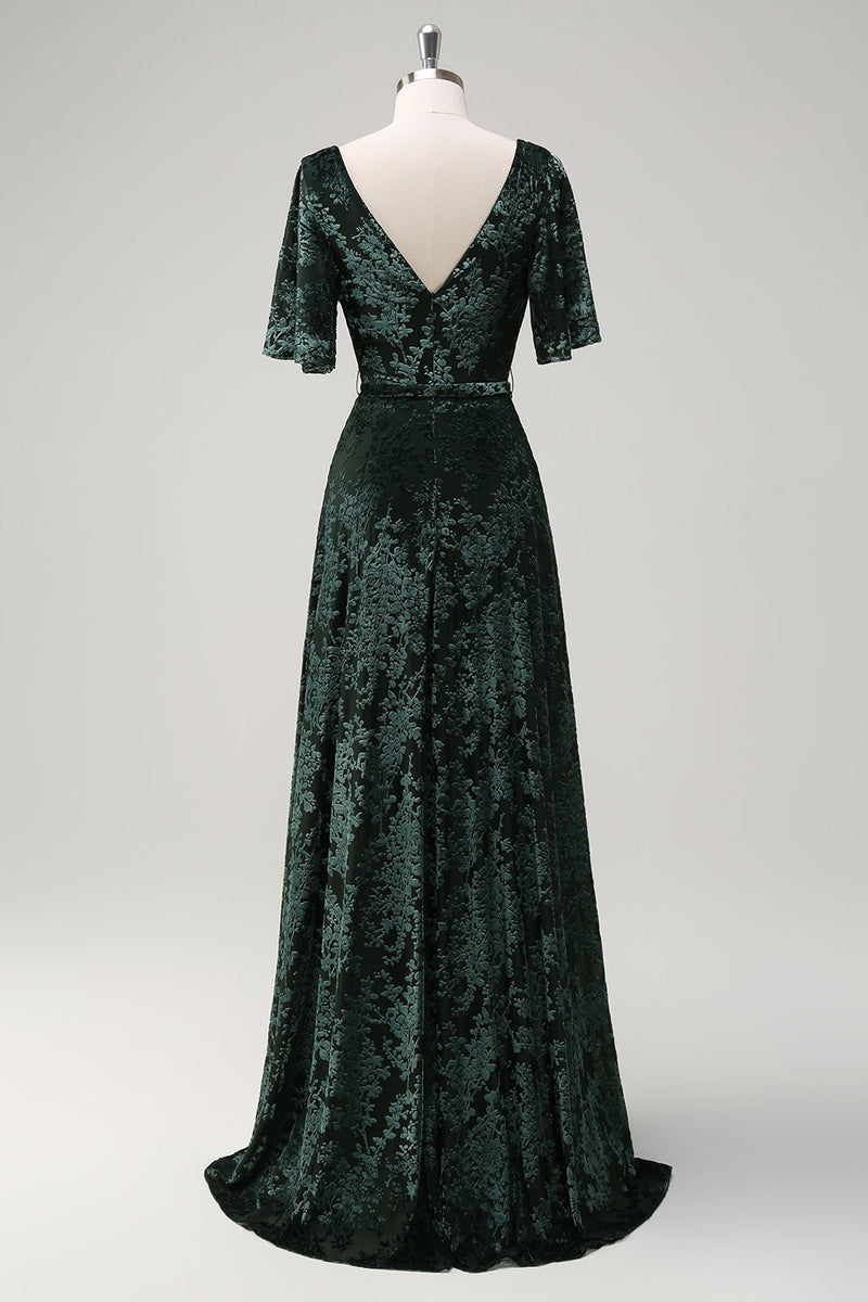 Load image into Gallery viewer, Dark Green A Line V-Neck Burnout Velvet Floral Long Bridesmaid Dress