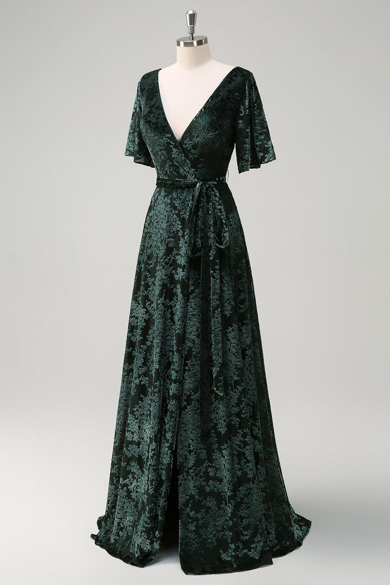 Load image into Gallery viewer, Dark Green A Line V-Neck Burnout Velvet Floral Long Bridesmaid Dress