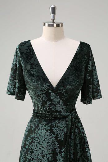 Dark Green A Line V-Neck Burnout Velvet Floral Long Bridesmaid Dress