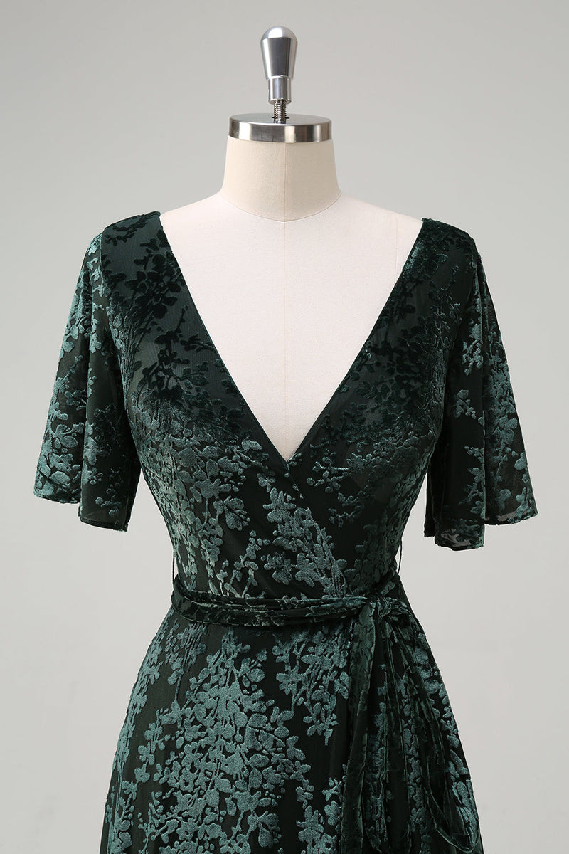 Load image into Gallery viewer, Dark Green A Line V-Neck Burnout Velvet Floral Long Bridesmaid Dress