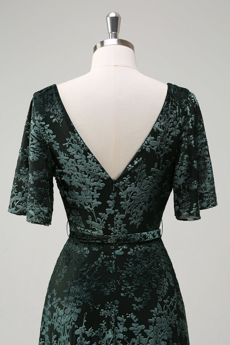 Load image into Gallery viewer, Dark Green A Line V-Neck Burnout Velvet Floral Long Bridesmaid Dress