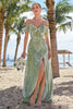 Load image into Gallery viewer, Dusty Sage A Line Velvet Printed Long Bridesmaid Dress with Slit