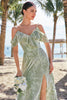 Load image into Gallery viewer, Dusty Sage Cold Shoulder Velvet Printed Bridesmaid Dress with Slit