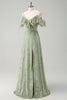 Load image into Gallery viewer, Dusty Sage A Line Velvet Printed Long Bridesmaid Dress with Slit