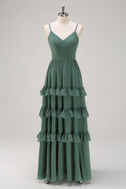 Eucalyptus A Line Spaghetti Straps Tiered Chiffon Long Bridesmaid Dress