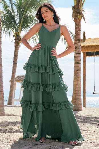 Tiered Eucalyptus A Line Chiffon Long Bridesmaid Dress