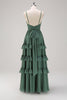 Load image into Gallery viewer, Eucalyptus A-Line Spaghetti Straps Tiered Chiffon Long Bridesmaid Dress