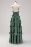 Eucalyptus A Line Spaghetti Straps Tiered Chiffon Long Bridesmaid Dress