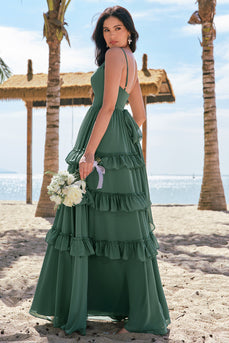 Tiered Eucalyptus A Line Chiffon Long Bridesmaid Dress