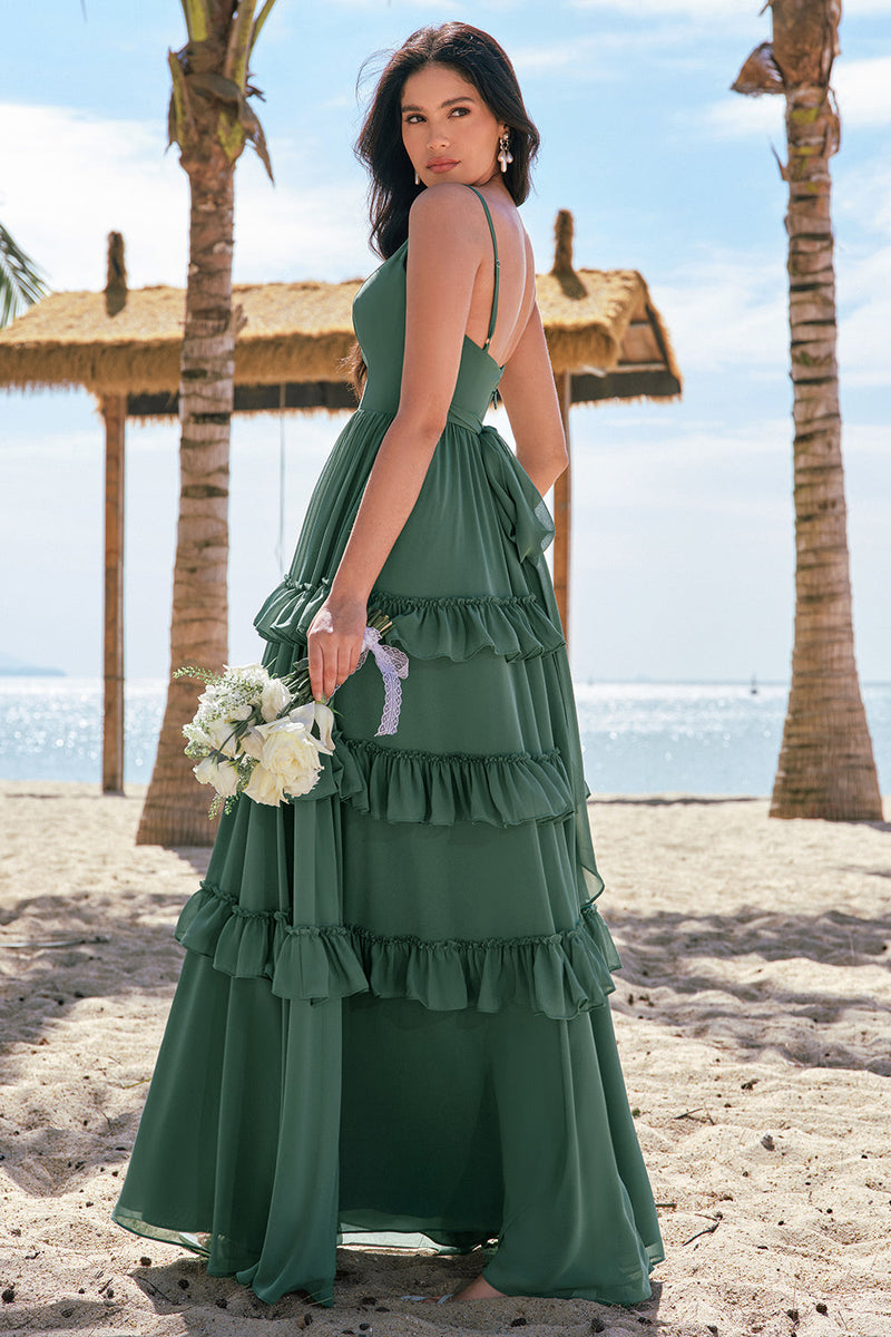 Load image into Gallery viewer, Tiered Eucalyptus A Line Chiffon Long Bridesmaid Dress