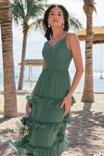 Tiered Eucalyptus A Line Chiffon Long Bridesmaid Dress