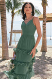 Tiered Eucalyptus A Line Chiffon Long Bridesmaid Dress