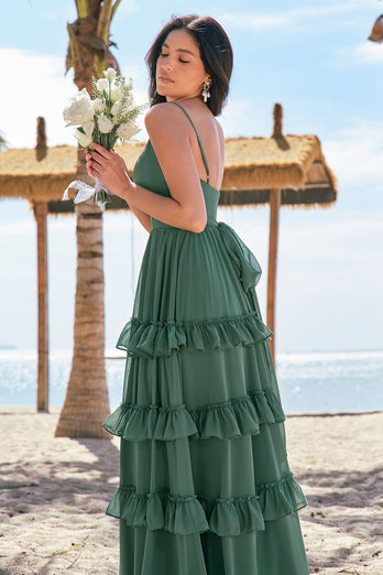 Tiered Eucalyptus A Line Chiffon Long Bridesmaid Dress