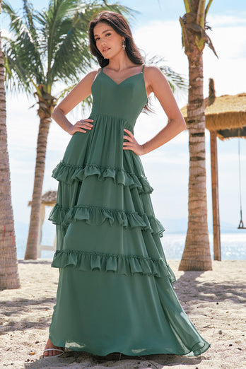 Tiered Eucalyptus A Line Chiffon Long Bridesmaid Dress