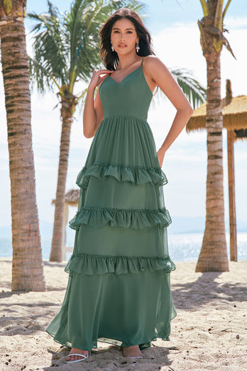 Tiered Eucalyptus A Line Chiffon Long Bridesmaid Dress