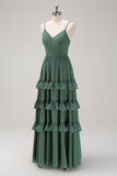 Eucalyptus A Line Spaghetti Straps Tiered Chiffon Long Bridesmaid Dress