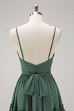 Eucalyptus A Line Spaghetti Straps Tiered Chiffon Long Bridesmaid Dress