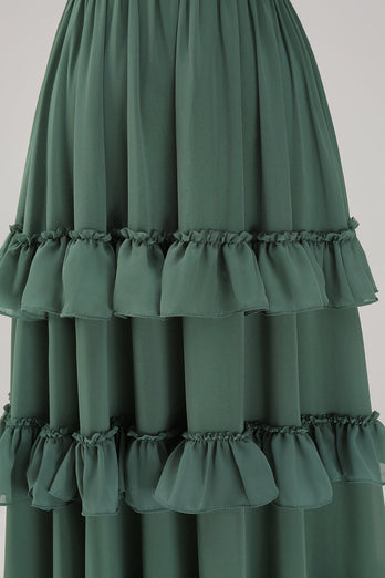 Eucalyptus A-Line Spaghetti Straps Tiered Chiffon Long Bridesmaid Dress