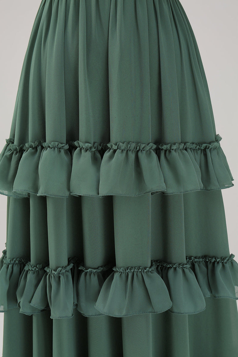 Load image into Gallery viewer, Eucalyptus A-Line Spaghetti Straps Tiered Chiffon Long Bridesmaid Dress