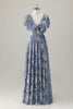 Load image into Gallery viewer, Grey Blue V Neck A-Line Burnout Velvet Floral Printed Prom Dress