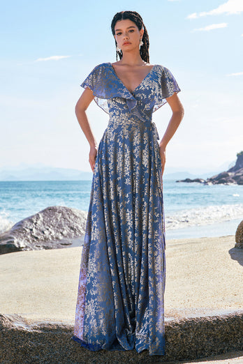 Grey Blue A-Line V Neck Burnout Velvet Printed Long Prom Dress