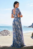 Grey Blue A-Line V Neck Burnout Velvet Printed Long Prom Dress