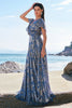 Load image into Gallery viewer, Grey Blue A-Line V Neck Burnout Velvet Printed Long Prom Dress