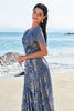 Load image into Gallery viewer, Grey Blue A-Line V Neck Burnout Velvet Printed Long Prom Dress