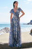 Load image into Gallery viewer, Grey Blue A-Line V Neck Burnout Velvet Printed Long Prom Dress