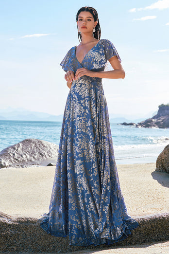 Grey Blue V Neck A-Line Burnout Velvet Floral Printed Prom Dress