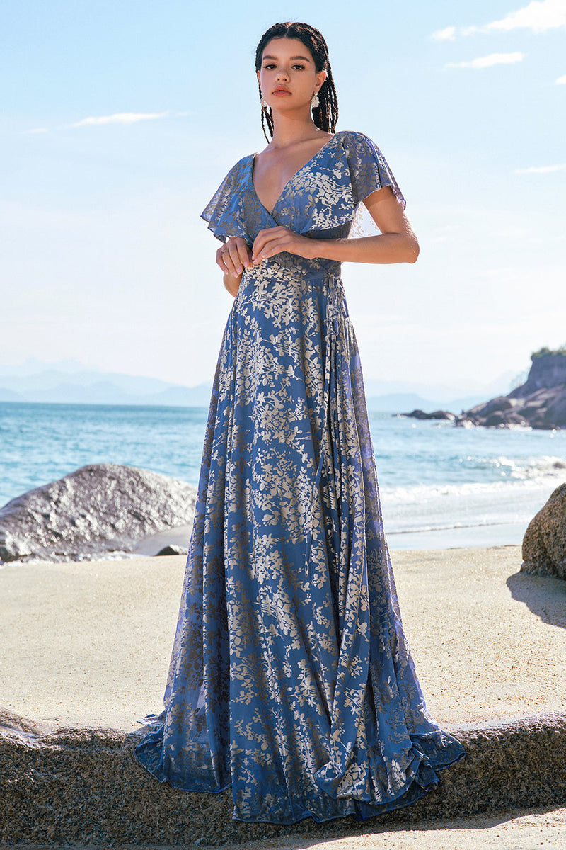 Load image into Gallery viewer, Grey Blue V Neck A-Line Burnout Velvet Floral Printed Prom Dress