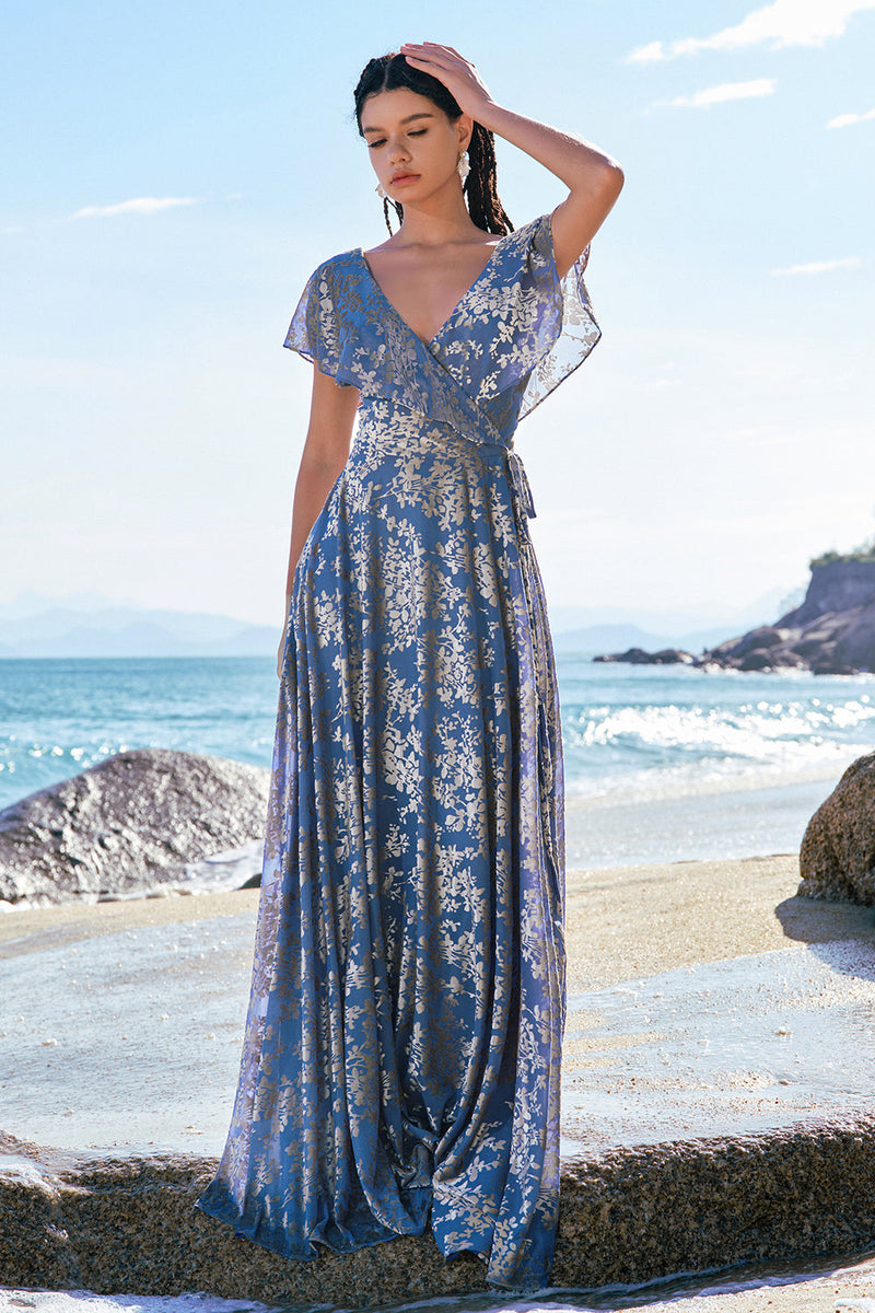 Load image into Gallery viewer, Grey Blue A-Line V Neck Burnout Velvet Printed Long Prom Dress