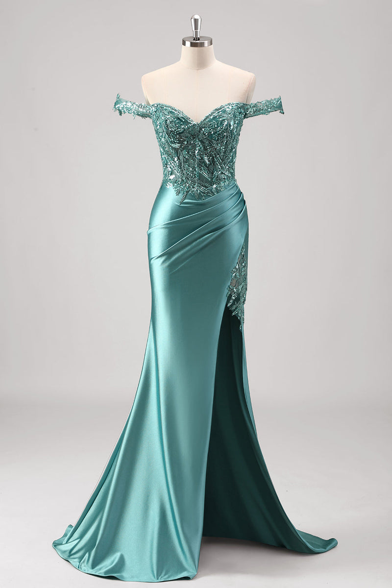 Load image into Gallery viewer, Sparkly Grey Green Mermaid Off The Shoulder Sequins Metallic Prom Dress  with Slit