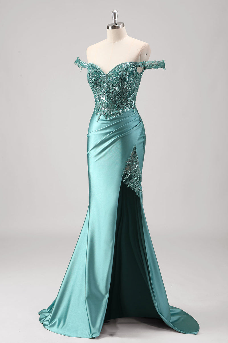 Load image into Gallery viewer, Sparkly Grey Green Mermaid Off The Shoulder Sequins Metallic Prom Dress  with Slit