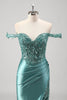 Load image into Gallery viewer, Sparkly Grey Green Mermaid Off The Shoulder Sequins Metallic Prom Dress  with Slit