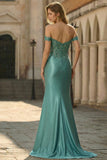 Off The Shoulder Mermaid Grey Green Sequin Long Prom Dress with Slit