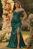 Dark Green Mermaid Off the Shoulder Plus Size Long Satin Prom Dress with Slit