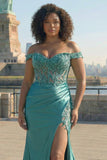 Dark Green Mermaid Off the Shoulder Plus Size Long Satin Prom Dress with Slit