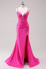 Load image into Gallery viewer, Fuchsia Mermaid Spaghetti Straps Corset Sequin Prom Dress with Slit