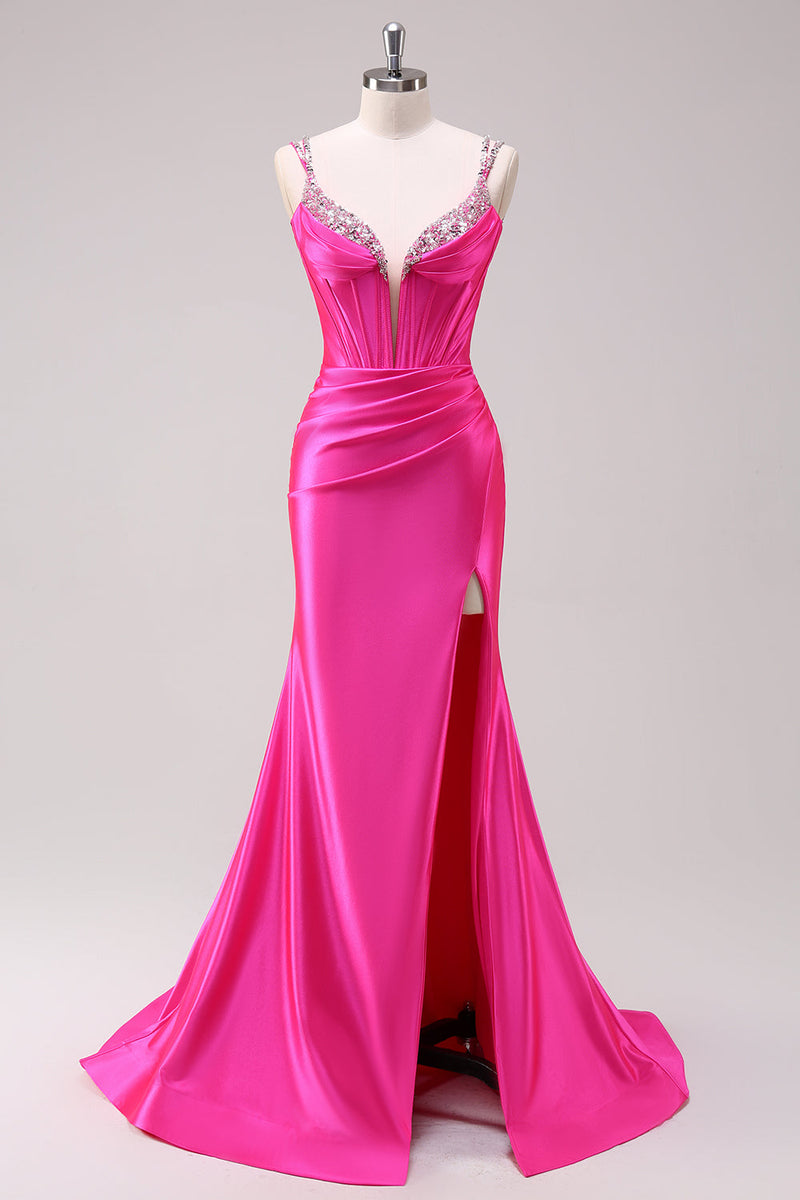 Load image into Gallery viewer, Fuchsia Mermaid Spaghetti Straps Corset Sequin Prom Dress with Slit