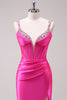 Load image into Gallery viewer, Fuchsia Mermaid Spaghetti Straps Corset Sequin Prom Dress with Slit