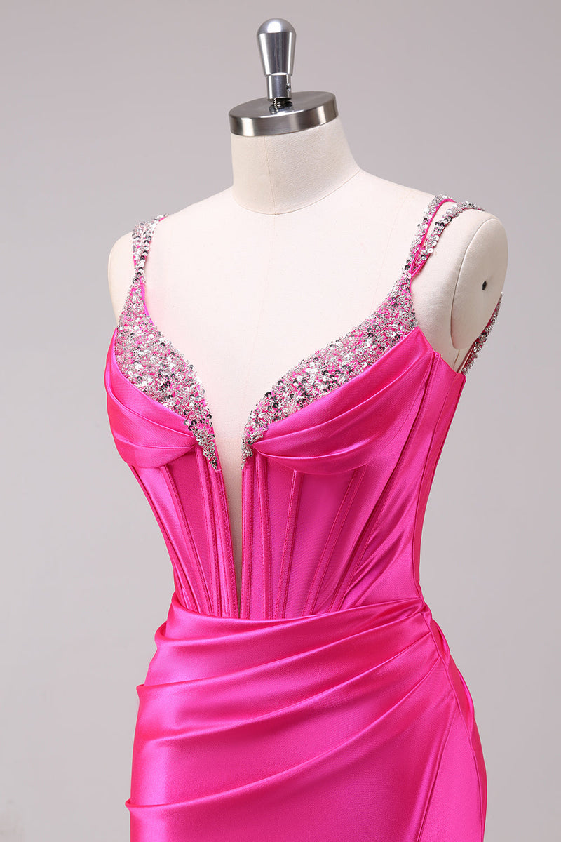 Load image into Gallery viewer, Fuchsia Mermaid Spaghetti Straps Corset Sequin Prom Dress with Slit