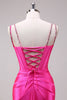 Load image into Gallery viewer, Fuchsia Mermaid Spaghetti Straps Corset Sequin Prom Dress with Slit