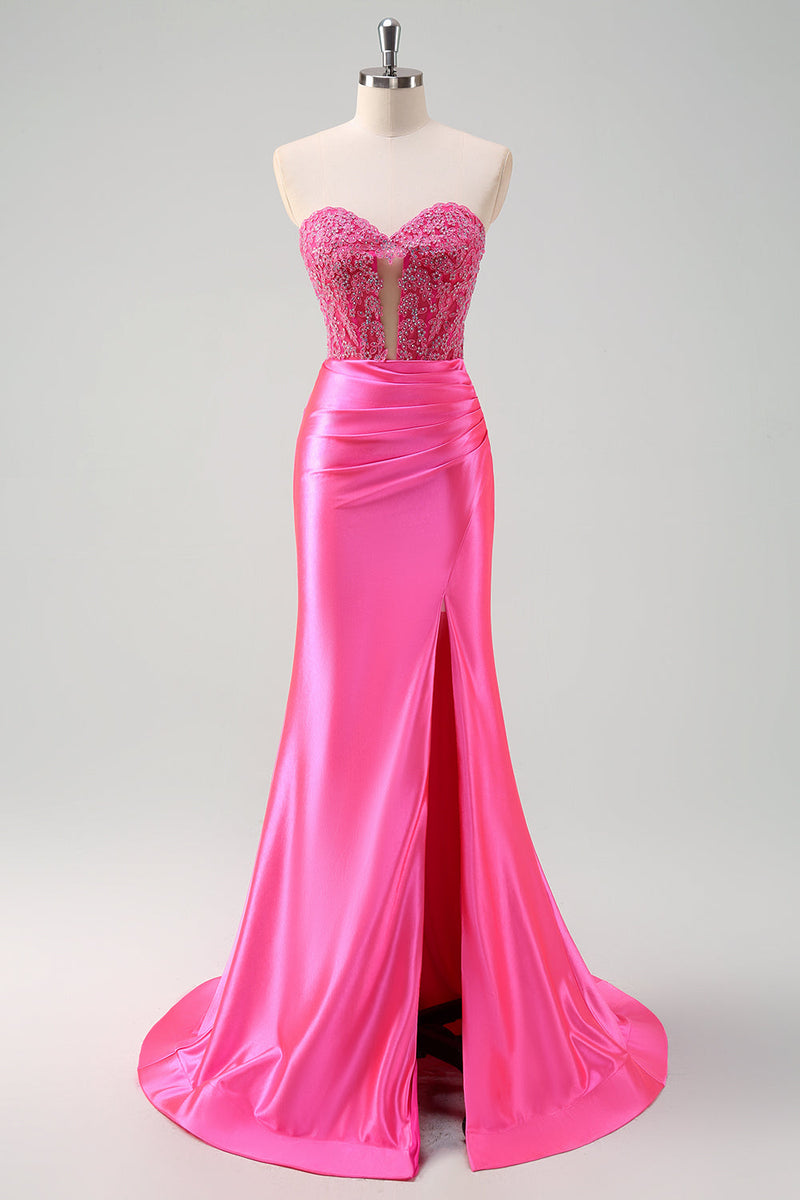 Load image into Gallery viewer, Fuchsia Sweetheart Mermaid Satin Long Corset Prom Dress with Appliques