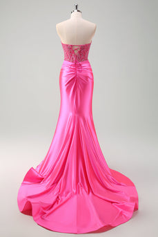 Fuchsia Sweetheart Mermaid Satin Long Corset Prom Dress with Appliques