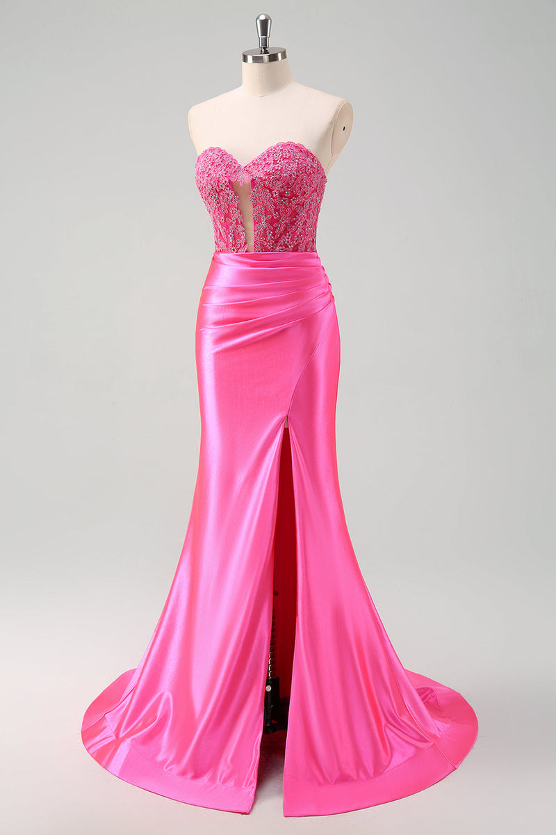 Load image into Gallery viewer, Fuchsia Sweetheart Mermaid Satin Long Corset Prom Dress with Appliques