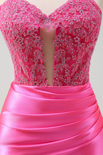 Fuchsia Sweetheart Mermaid Satin Long Corset Prom Dress with Appliques