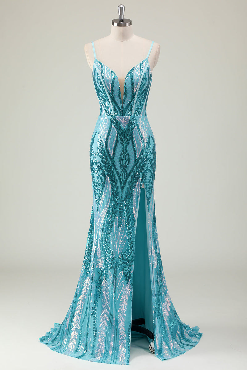 Load image into Gallery viewer, Sparkly Blue Mermaid Spaghetti Straps Long Prom Dress with Sequins