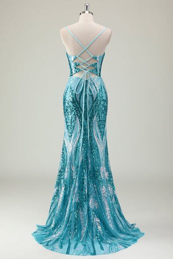 Sparkly Blue Mermaid Spaghetti Straps Long Prom Dress with Sequins